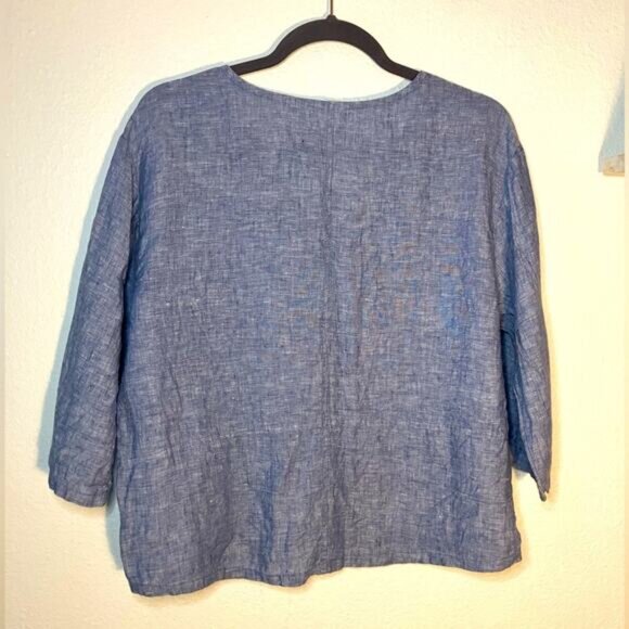 Sigrid Olsen womens 100% linen blue shirt cotton summer 3/4 Sleeves V-Neck - Picture 2 of 4